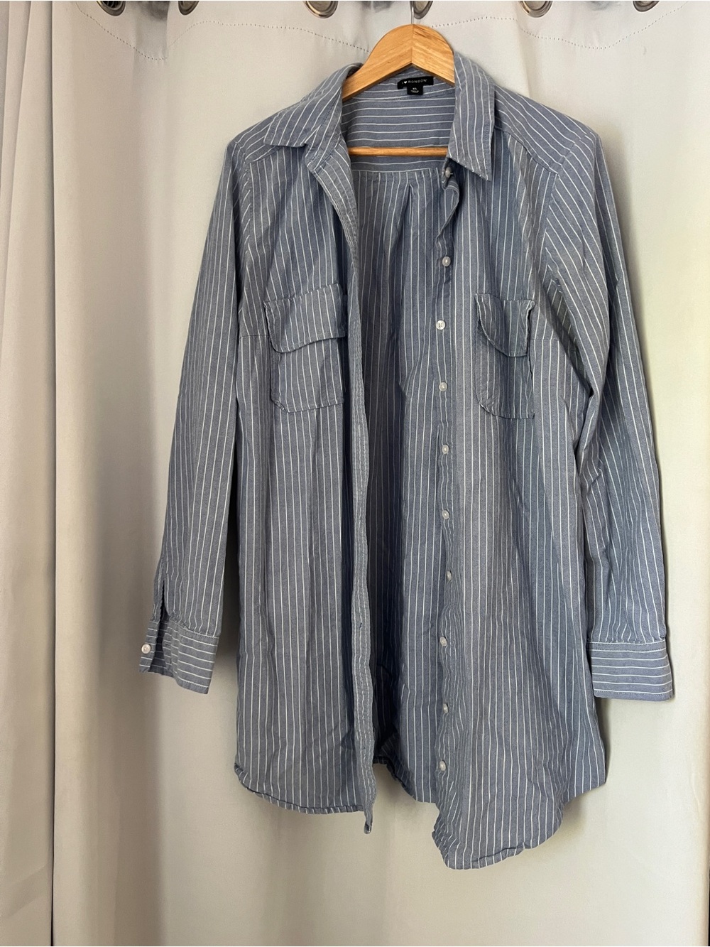 Striped Button-Down Long Shirt - Blue & White